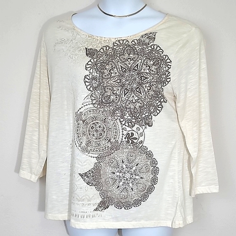 White Stag XL Mandala Print Tunic Top Beaded Long Sleeve Boho Hippie Festival